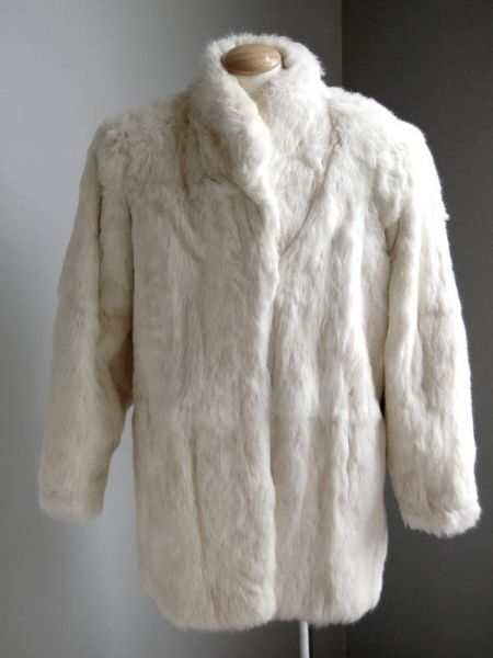 Woman BERMANS Genuine Snow White Rabbit Fur Stroller Coat Jacket Size 