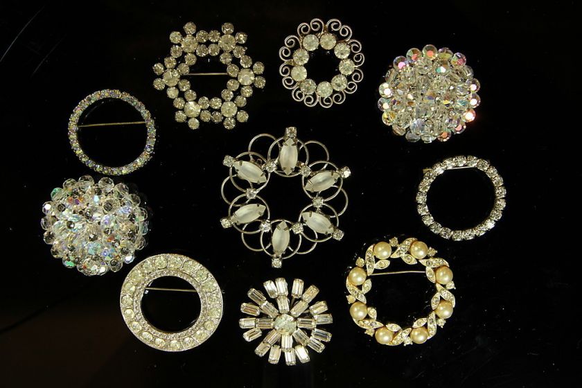 Lot 10   Vintage Silver Tone Clear Rhinestone Pin Brooch Jewelry 