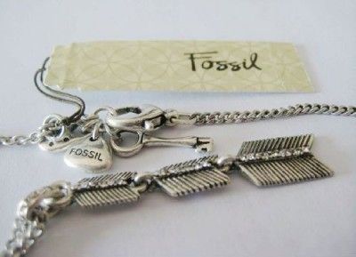 FOSSIL Fish Bone Clear Crystal Silver Tone Necklace  