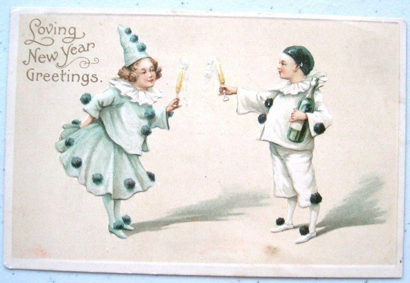 CHILDREN Clowns Pierrot Champagne Bottle New Year EMB  