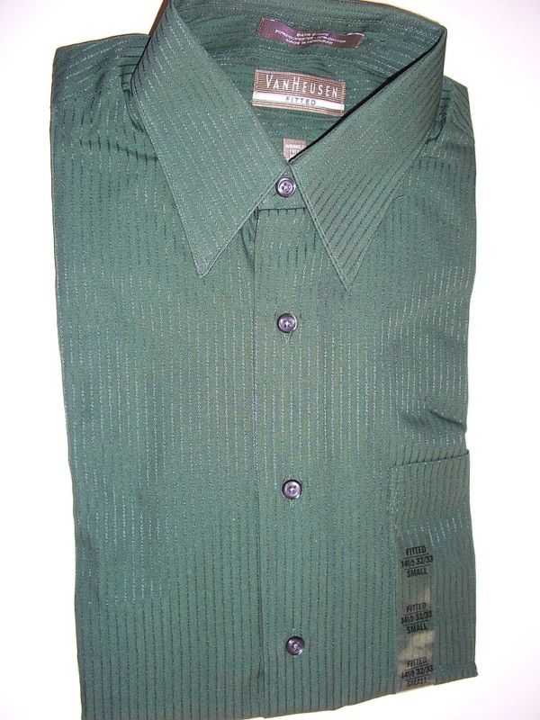 421 VAN HEUSEN Emerald Green Satin ST Mens Dress Shirts Size S   14 1 