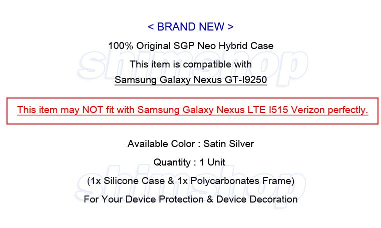 Samsung Galaxy Google Nexus I9250 SGP Neo Hybrid Silver Case Cover 