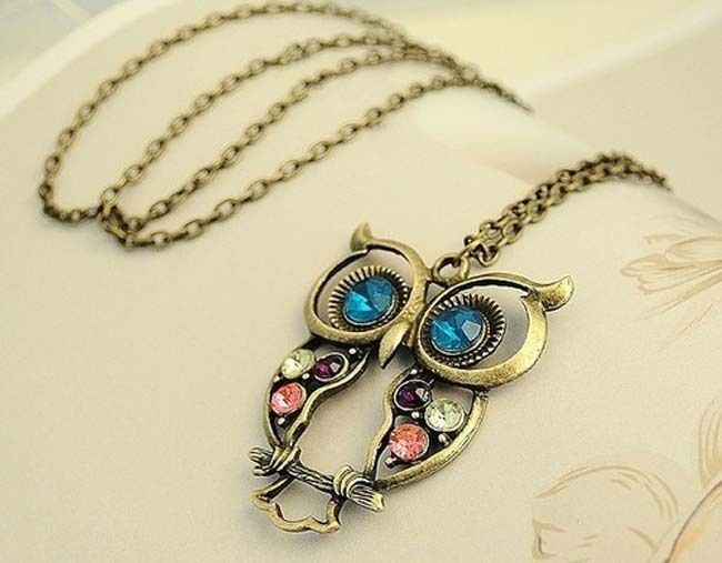 NEW Rhinestone Hollow Out Owl Pendant Necklace 5.5 x 4.1 cm  