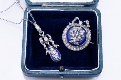 Antique Georgian Silver Diamond Paste Royal Blue Enamel Bow Pendant 