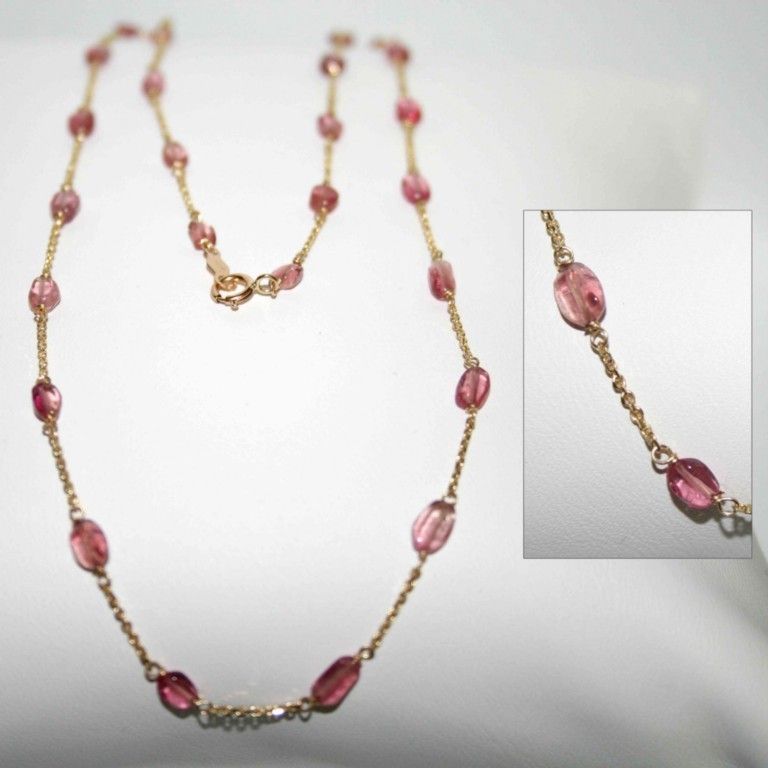 14K gold GENUINE PINK ROSE TOURMALINE station necklace  