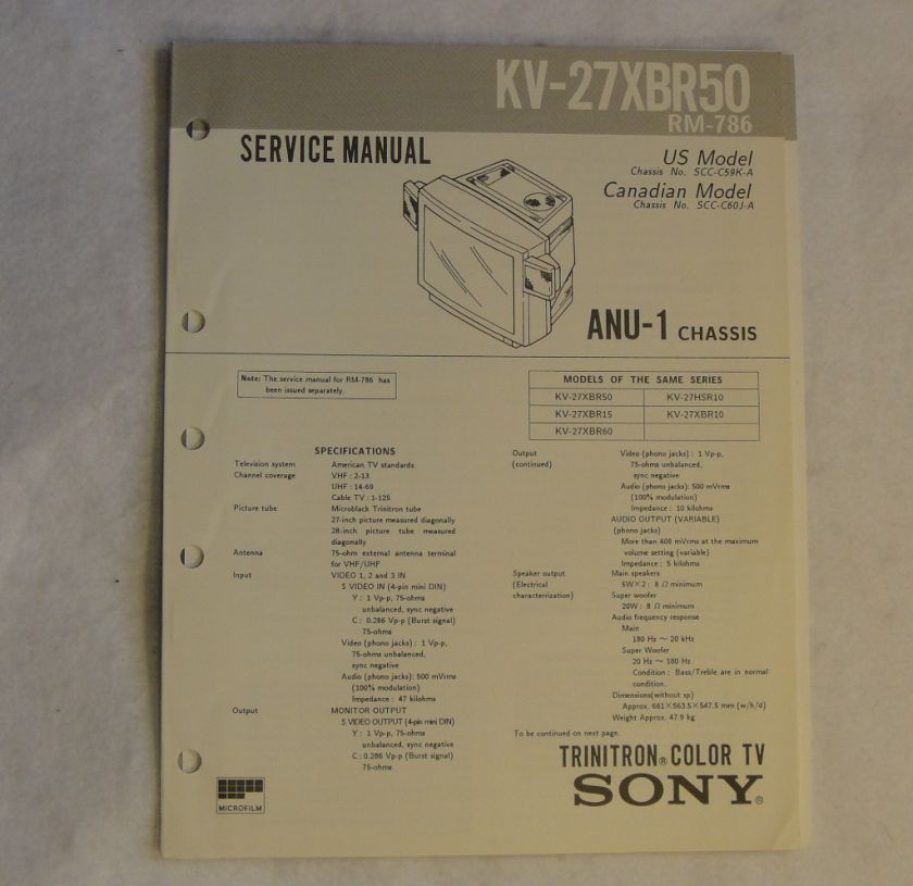 SONY TRINITRON COLOR TV KV 27XBR50 SERVICE MANUAL  